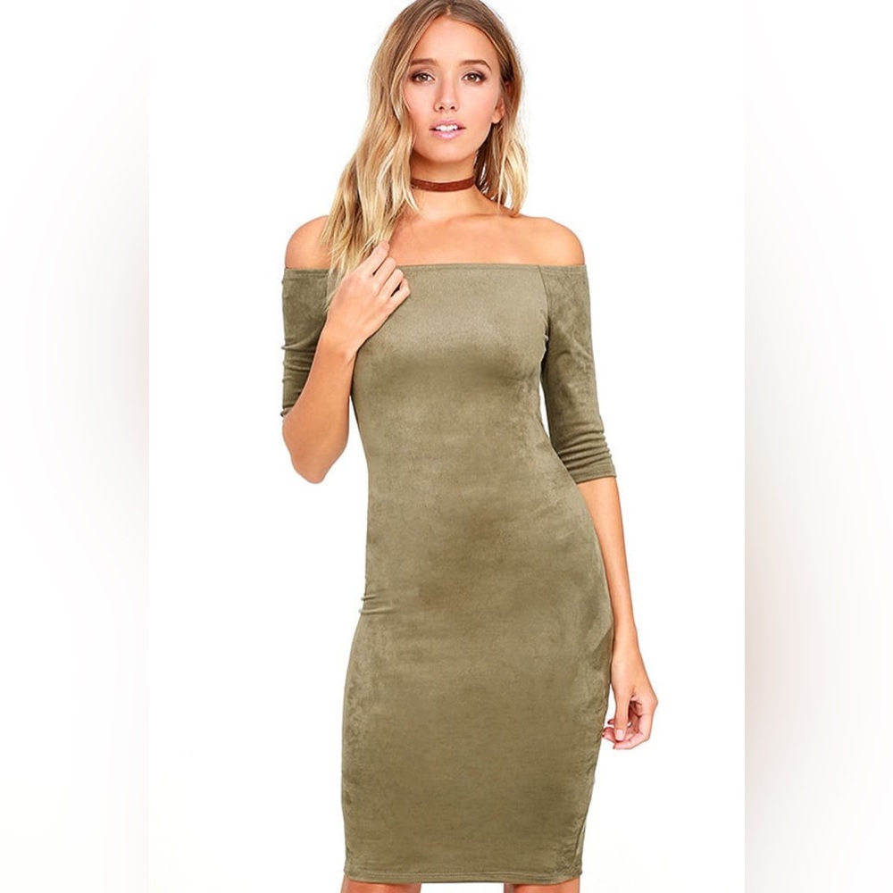 Olive Green Suede Off-the-Shoulder Dress